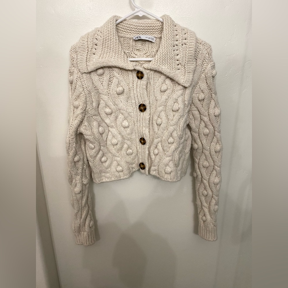 Zara Cream Cropped Button Up Collared Cardigan